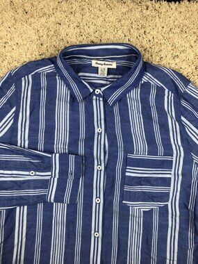Tommy Bahama Striped Blue White Womens Large Button Up Long Sleeve Beach Casual
